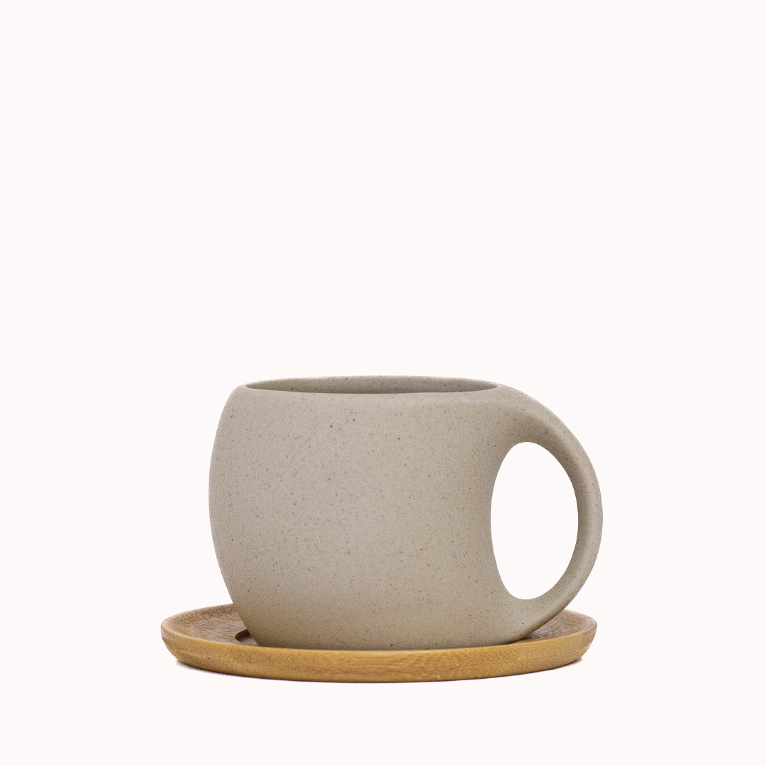 TAZA CERÁMICA DE GRES + PLATILLO DE MADERA – 200 ML